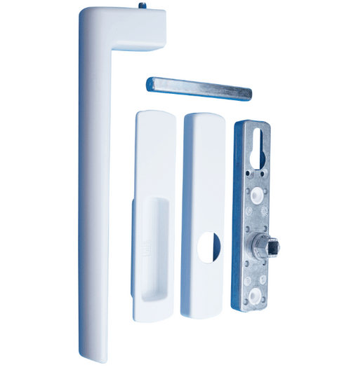 Door handle and lock mechanism on a white background