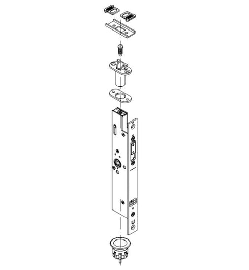 Technical drawing of a door lock mechanism on a white background