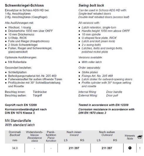 Schüco 3-PT Swing Bolt Lock 211397 - 34mm Backset
