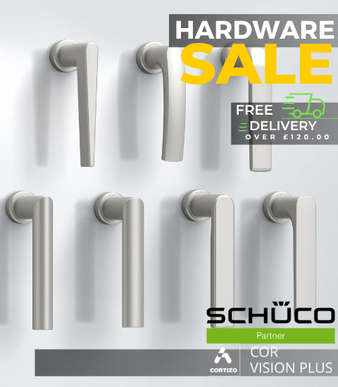Advertisement for Schüco hardware , and unikdoors hardware sale with promotional text on a white background.