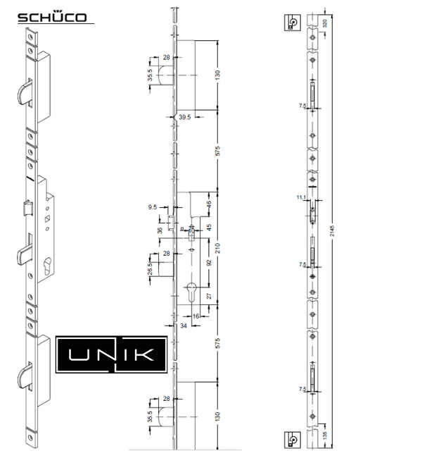 Schüco 3-PT Swing Bolt Lock 211397 - 34mm Backset