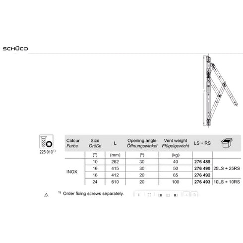 Technical specifications sheet for Schuco product with dimensions and weight details.