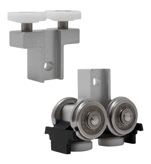 Window roller system with two rollers and a bracket on a white background