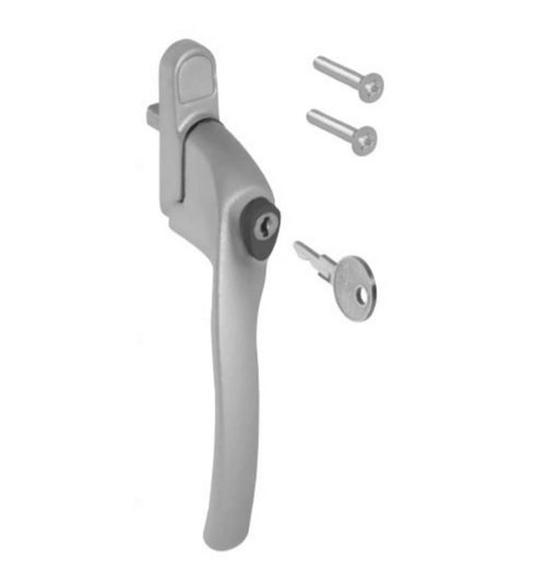Window handle with screws and key on a white background
