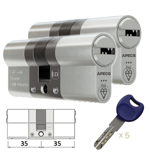 A satin nickel APECS BSI 3 Star euro cylinder, 35/35 size, with 5 keys.