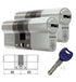 A satin nickel APECS BSI 3 Star euro cylinder, 35/35 size, with 5 keys.