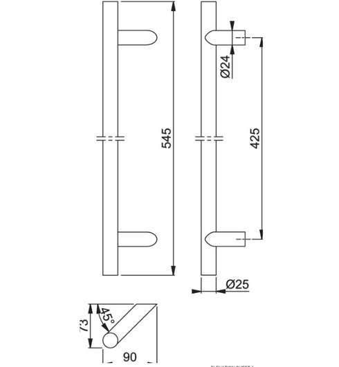 stainless steel pull handle, 545mm length, bolt fixed for wooden doors up to 54mm thick, supplied as single item.