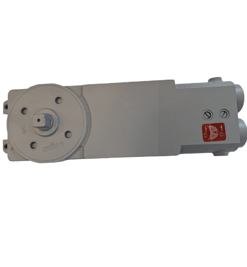 Side view image showing the closer arm in extended position, demonstrating the range of motion and articulation points for proper door operation