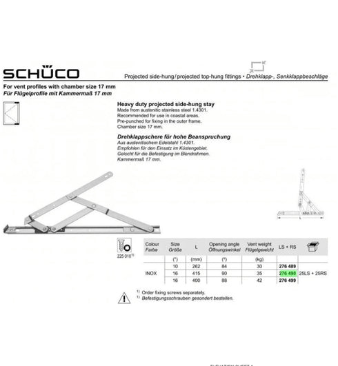 Schueco Heavy Duty Projected Top and Side Window Friction HingeStainless 276490