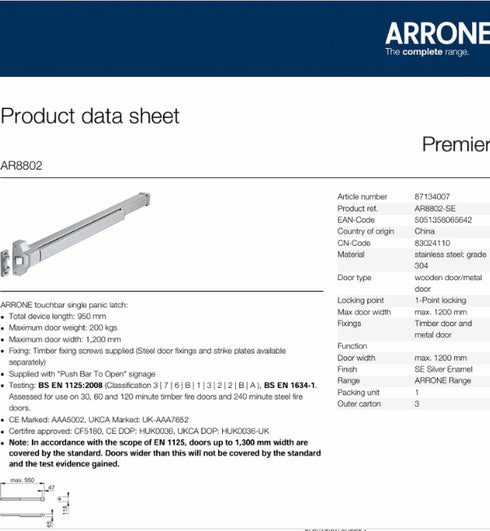 HOPPE Arrone Panic Latch AR8802 Silver - Unik Doors - Emergency Exit Hardware