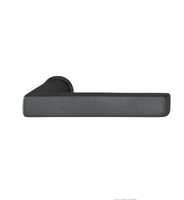 A close-up, eye-level shot of the HOPPE Dallas M1643/845 mini rose door handle set in a satin black finish with subtle copper accents, showcasing its compact, premium American-inspired design.