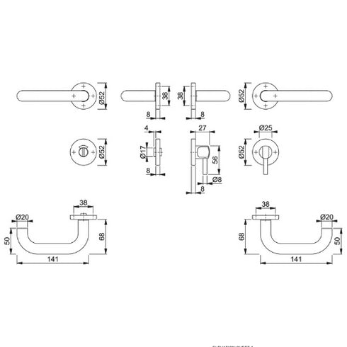 Antimicrobial HOPPE Paris stainless steel Bathroom/WC handle set with Quick-Fit and indicator for 40-45mm doors.