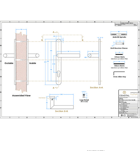 BLU KM070 Mitre Lever Door Handles on a slimline backplate in 316 satin stainless steel, supplied with spindle.