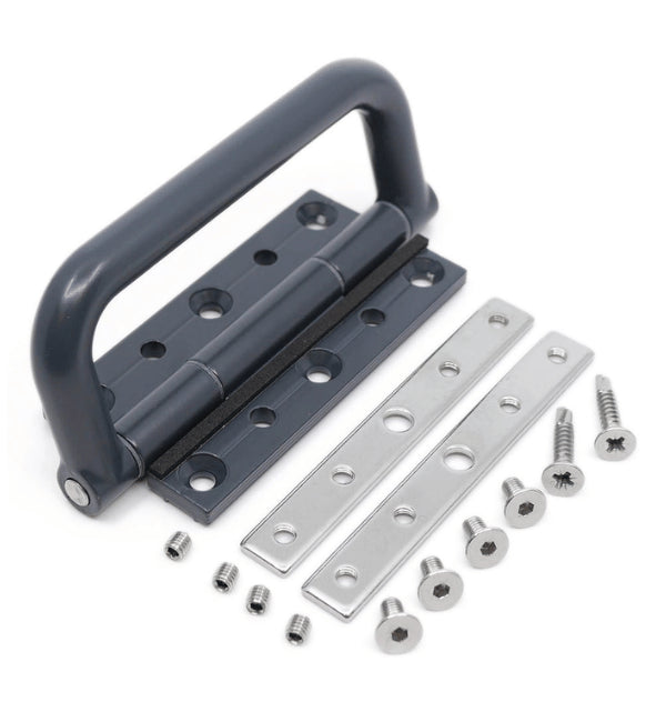 Durable pull hinge with a D-handle and a 10-year warranty