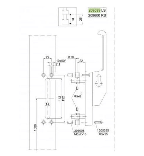 Technical drawing of a mechanical component with dimensions and specifications.