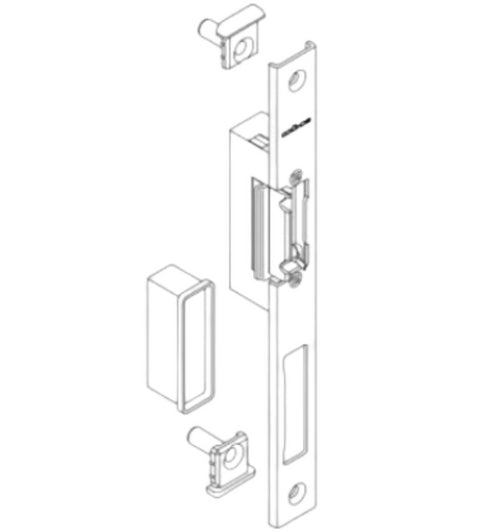 Technical drawing of a door handle assembly on a white background