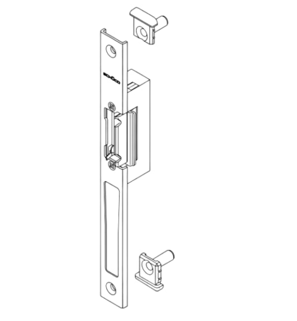 Technical drawing of a door handle assembly on a white background