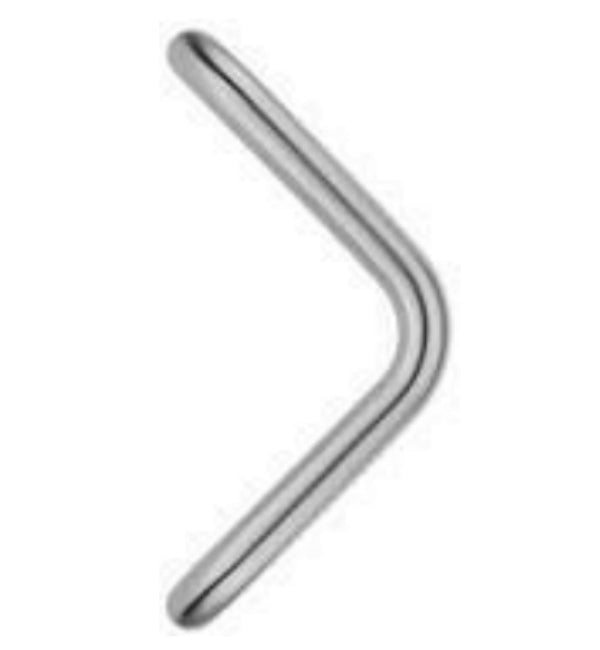 Metallic L-shaped tool on a white background