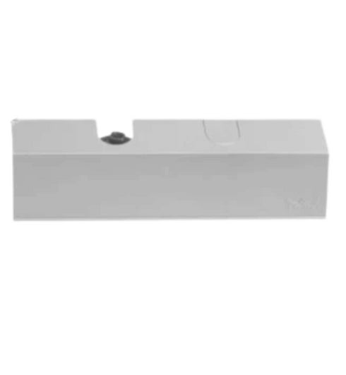 Rectangular white object with a black component on a white background