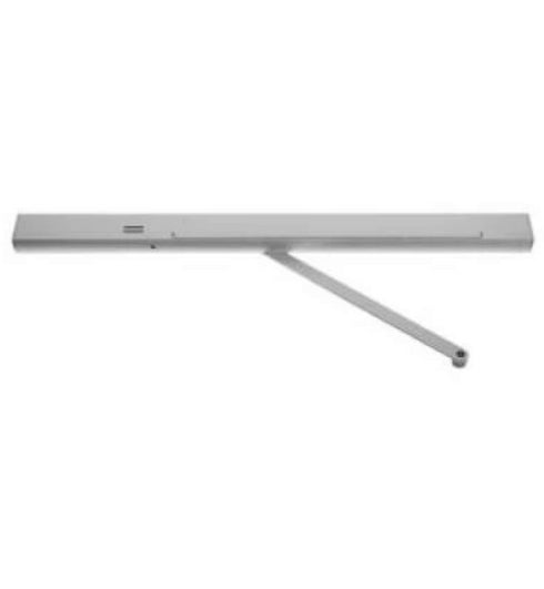 Metallic door closer on a white background
