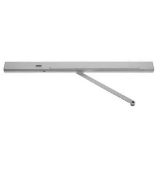 Metallic door closer on a white background