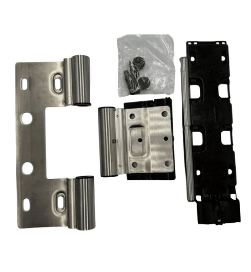 Set of metal hinges and hardware on a white background