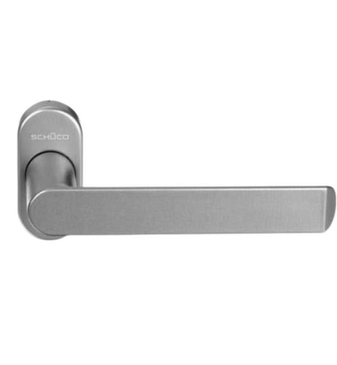 Silver door handle with Schuco logo on a white background