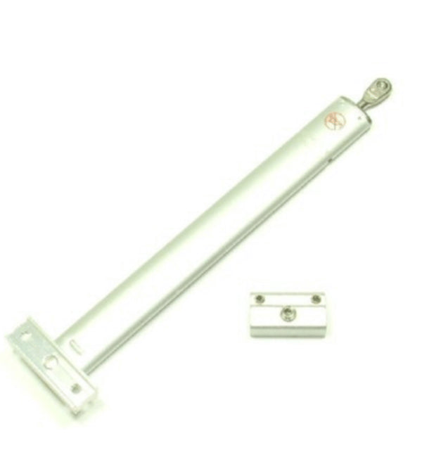 Metallic door closer on a white background