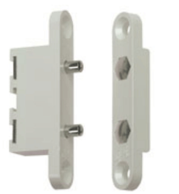 Pair of white window locks on a white background