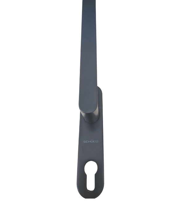 Close-up of a black Schuco 269418 inside lever handle for Lift & Slide doors, with cylinder machining.