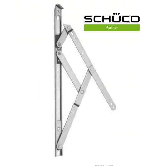 Schüco 276490 window stay, 90-degree opening, 35kg capacity, corrosion-resistant.