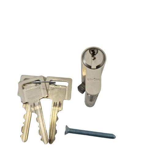 Close-up of a Schuco 45/10 profile double cylinder with a 45-degree cam.