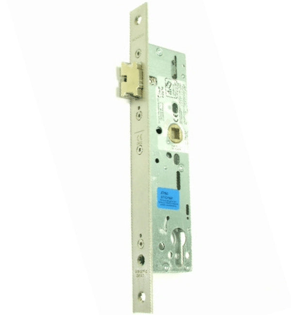 Metal door lock mechanism on a white background