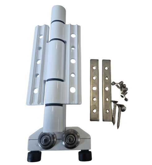 Metal door hinge with additional components on a white background