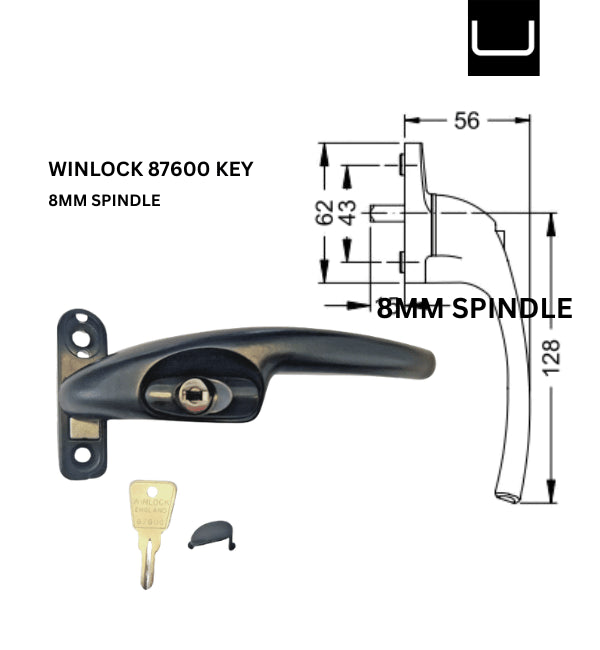 WINLOCK 8mm Spindle Inline windows handle-Universal for aluminum and upvc-BLACK- RIGHT hand